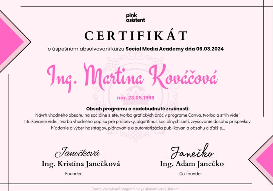 Martina Kováčová - Certifikát 