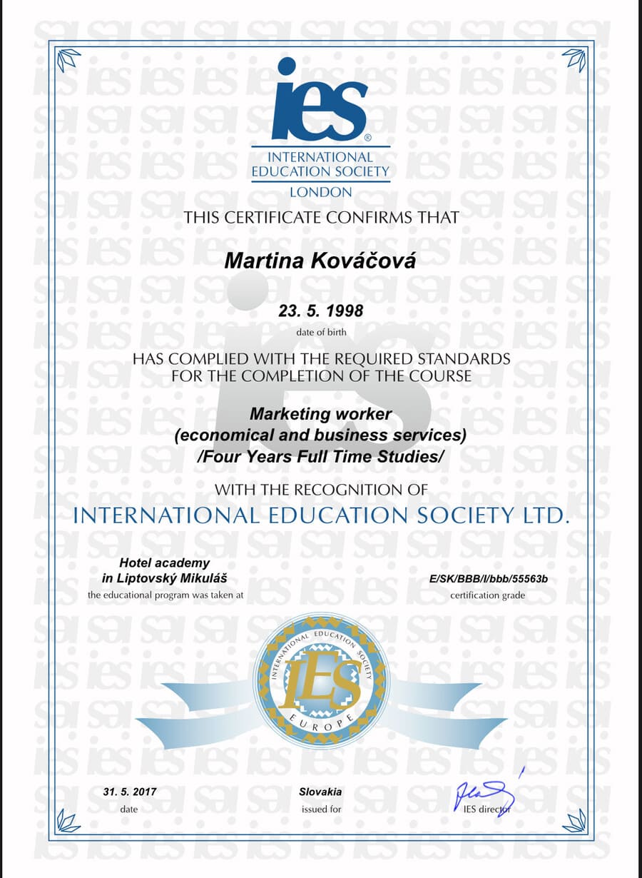 Certifikát Martina Kováčová